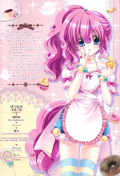 Size: 2058x3012 | Tagged: safe, artist:sakuranoruu, pinkie pie, anime, apron, bracelet, candy, chinese, choker, clothes, cupcake, cute, diapinkes, donut, flan, humanized, lollipop, moe, ring, solo, stockings, sweets, tailed humanization, thigh highs