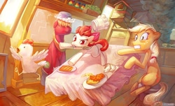 Size: 900x546 | Tagged: safe, artist:electrixocket, apple bloom, applejack, big macintosh, chicken, earth pony, pony, action pose, animal, apple siblings, breakfast, chase, chef's hat, cooking, fail, female, filly, hat, hatless, kitchen, male, mare, missing accessory, mouth hold, stallion, table, this will end in tears and/or breakfast