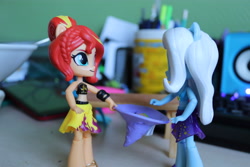 Size: 6000x4000 | Tagged: safe, artist:artofmagicpoland, derpibooru import, sunset shimmer, trixie, better together, equestria girls, clothes, doll, equestria girls minis, female, hat, holding, lesbian, shipping, suntrix, toy, trixie's hat