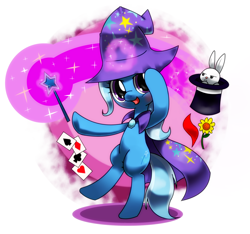 Size: 1280x1200 | Tagged: safe, artist:hoyeechun, derpibooru import, angel bunny, trixie, pony, bipedal, bunny out of the hat, card, hat, magic, magic trick, top hat, wand
