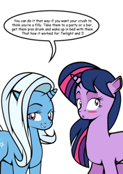 Size: 424x600 | Tagged: safe, artist:dekomaru, derpibooru import, trixie, twilight sparkle, pony, unicorn, ask, blushing, female, lesbian, shipping, tumblr, tumblr:ask twixie, twixie