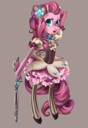 Size: 2044x2946 | Tagged: safe, artist:my-magic-dream, pinkie pie, anthro, bipedal, bow, clothes, dress, gun, magical girl, musket, open mouth, solo, stockings, thigh highs, weapon