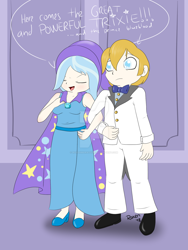 Size: 1024x1365 | Tagged: safe, artist:roxenmaratoun, derpibooru import, prince blueblood, trixie, human, bluetrix, clothes, dress, female, humanized, male, shipping, straight, suit, watermark