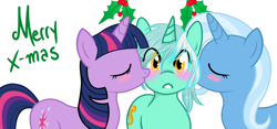 Size: 1280x597 | Tagged: safe, artist:azure-doodle, artist:vaderpl, derpibooru import, lyra heartstrings, trixie, twilight sparkle, pony, unicorn, blush sticker, blushing, eyes closed, female, holly, holly mistaken for mistletoe, kiss on the cheek, kiss sandwich, kissing, lesbian, mare, merry christmas, sexually confused lyra, shipping, simple background, surprise kiss, surprised, twyra, white background