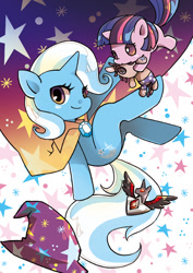 Size: 504x713 | Tagged: safe, artist:a-nup, derpibooru import, smarty pants, trixie, twilight sparkle, alicorn amulet, filly