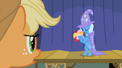 Size: 1365x767 | Tagged: safe, derpibooru import, screencap, applejack, trixie, earth pony, pony, boast busters, bipedal, bouquet, flower