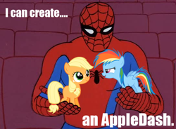 Size: 544x400 | Tagged: safe, applejack, rainbow dash, earth pony, pegasus, pony, 60s spider-man, appledash, crossover, female, filly, lesbian, male, meme, shipping, spider-man, with great power comes great shipping