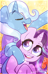 Size: 2100x3245 | Tagged: safe, artist:annakitsun3, derpibooru import, starlight glimmer, trixie, pony, unicorn, cute, duo, ear fluff, eyes closed, female, mare, open mouth, smiling, stars