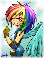 Size: 768x1024 | Tagged: safe, artist:ereb-tauramandil, rainbow dash, human, clothes, female, fingerless gloves, gloves, humanized, pointed breasts, smirk, winged humanization