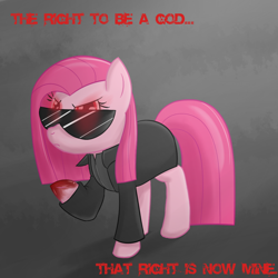 Size: 1000x1000 | Tagged: safe, artist:speccysy, pinkie pie, earth pony, pony, albert wesker, blood, clothes, crossover, female, mare, pinkamena diane pie, raised hoof, resident evil, solo, sunglasses