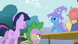 Size: 1365x768 | Tagged: safe, derpibooru import, screencap, spike, trixie, twilight sparkle, dragon, boast busters