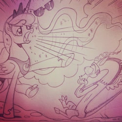 Size: 640x640 | Tagged: safe, artist:brendahickey, idw, discord, princess luna, alicorn, pony, spoiler:comic, spoiler:comicff20, monochrome, traditional art, traditional royal canterlot voice, wip