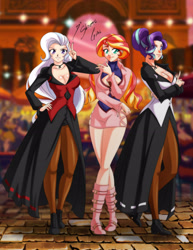 Size: 2153x2786 | Tagged: safe, artist:shinta-girl, derpibooru import, starlight glimmer, sunset shimmer, trixie, human, equestria girls, breasts, cleavage, clothes, cosplay, costume, group, humanized, king of fighters, magical trio, mature (king of fighters), shermie, starlight jiggler, sunset jiggler, titsie, vice
