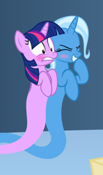 Size: 360x608 | Tagged: safe, artist:navitaserussirus, derpibooru import, trixie, twilight sparkle, asktwixiegenies, blushing, couple, cropped, duo, female, lesbian, shipping, twixie