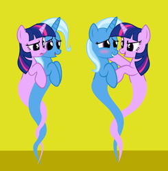 Size: 612x624 | Tagged: safe, artist:navitaserussirus, derpibooru import, edit, trixie, twilight sparkle, ask genie twilight, blushing, female, genie, lesbian, self ponidox, shipping, twixie