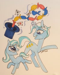 Size: 1981x2479 | Tagged: safe, artist:creeate97, derpibooru import, jack pot, trixie, pony, unicorn, duo, father and child, father and daughter, female, filly, glowing horn, hat, magic, magic trick, male, parent and child, playing card, raised hoof, signature, simple background, stallion, telekinesis, top hat, traditional art, younger