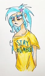 Size: 1689x2834 | Tagged: safe, artist:smirk, derpibooru import, trixie, human, bed mane, clothes, grumpy, humanized, oversized clothes, pouting, shirt, sleepy, t-shirt, tired, traditional art