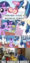 Size: 485x995 | Tagged: safe, discord, shining armor, twilight sparkle, pony, unicorn, apple, bbbff, canterlot wedding fiasco, comic, fight, gilligan cut, irony, meme, ron burgundy, that escalated quickly, will ferrell