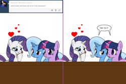 Size: 1204x800 | Tagged: safe, artist:dekomaru, derpibooru import, rarity, trixie, twilight sparkle, pony, unicorn, ask, comic, female, heart, implied sex, implied shipping, implied sparity, implied straight, lesbian, male, shipping, tumblr, tumblr:ask twixie, twixie