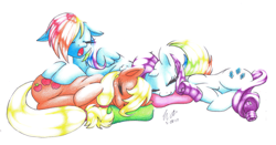 Size: 3257x1704 | Tagged: safe, artist:digsie, artist:newdigs13, applejack, rainbow dash, rarity, earth pony, pegasus, pony, unicorn, appledash, female, lesbian, mare, raridash, rarijack, rarijackdash, shipping, sleeping, traditional art, yawn