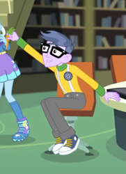 Size: 421x583 | Tagged: safe, derpibooru import, screencap, microchips, trixie, better together, equestria girls, forgotten friendship, carrot, clothes, converse, cropped, female, food, glasses, male, offscreen character, pants, shoes, sneakers