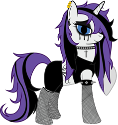 Size: 819x865 | Tagged: safe, artist:raven-kipper, rarity, pony, unicorn, choker, clothes, cross, ear piercing, eyeliner, fishnet stockings, hair over one eye, lidded eyes, looking at you, makeup, metal, piercing, raised hoof, running makeup, simple background, smiling, solo, spiked choker, spiked wristband, stockings, tattoo, thigh highs, transparent background