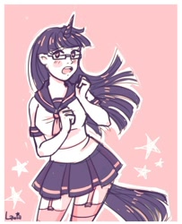 Size: 496x612 | Tagged: safe, artist:lawiachan, twilight sparkle, human, clothes, glasses, horned humanization, humanized, miniskirt, sailor uniform, school uniform, schoolgirl, skirt, solo, stockings, tailed humanization, thigh highs