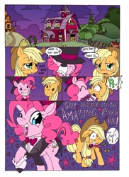 Size: 1000x1377 | Tagged: safe, artist:mohawkrex, artist:whysoseriouss, applejack, pinkie pie, earth pony, pony, comic:a piece of pie, applepie, clothes, comic, female, hat, kissing, lesbian, mare, shipping, surprise kiss, sweet apple acres, the amazing pinkie pie, top hat, tuxedo