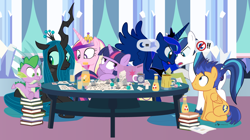 Size: 1230x690 | Tagged: safe, artist:dm29, flash sentry, princess cadance, princess luna, queen chrysalis, shining armor, spike, twilight sparkle, alicorn, changeling, changeling queen, dragon, pegasus, pony, unicorn, apple juice, argument, baby, baby dragon, book, cider, coffee, crystal empire, cute, diasentres, drink, dungeons and dragons, female, go-karting with bowser, juice, male, ogres and oubliettes, orange juice, sitting, spikabetes, tabletop game, twilight is not amused, unamused