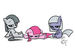 Size: 634x480 | Tagged: safe, artist:yikomega, limestone pie, marble pie, pinkie pie, earth pony, pony, bored, female, filly, foal, pie sisters, pinkamena diane pie