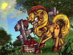 Size: 900x675 | Tagged: safe, artist:corrsollarobot, applejack, earth pony, pony, apple, basket, boots, female, fence, grass, mare, off model, orchard, solo, spurs, sun, tree