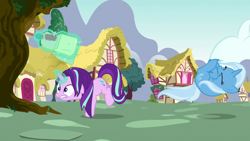 Size: 1280x720 | Tagged: safe, derpibooru import, screencap, starlight glimmer, trixie, pony, unicorn, all bottled up, bag, ball, bottle, curled up, magic, majestic as fuck, morph ball, rolling, spin dash, telekinesis, tripping, trixieball