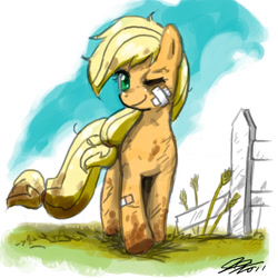 Size: 900x900 | Tagged: safe, artist:johnjoseco, applejack, earth pony, pony, bandage, bandaid, dirty, female, fence, mare, mud, one eye closed, smiling, solo