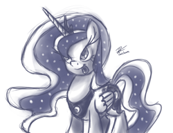 Size: 3300x2550 | Tagged: safe, artist:leadhooves, princess luna, alicorn, pony, monochrome, solo, tongue out