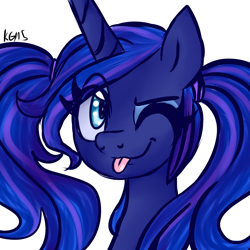 Size: 3000x3000 | Tagged: safe, artist:katkakakao, princess luna, alicorn, pony, alternate hairstyle, pigtails, solo, tongue out, wink