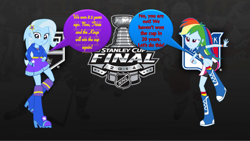 Size: 1024x576 | Tagged: safe, derpibooru import, rainbow dash, trixie, equestria girls, magic duel, argument, hockey, los angeles kings, new york rangers, nhl, stanley cup, stanley cup finals, stanley cup playoffs