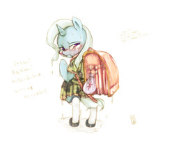 Size: 1000x812 | Tagged: safe, artist:girlieginger, derpibooru import, trixie, pony, unicorn, backpack, bipedal, blushing, clothes, crying, digital art, dress, female, filly, japanese, looking at you, looking back, mare, randoseru, shoes, socks, solo, standing, text, wet, wet clothes, wet mane, younger