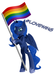 Size: 597x800 | Tagged: safe, artist:timid tracks, princess luna, alicorn, pony, ask-luna-and-tiberius, bipedal, flag, gay pride, gay pride flag, lovewins, pride, solo