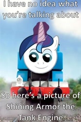 Size: 319x478 | Tagged: safe, shining armor, pony, unicorn, crossover, i have no idea, image macro, random idea, reaction image, thomas the tank engine, train, train pony, twily face, wtf