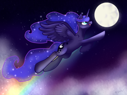 Size: 1600x1200 | Tagged: safe, artist:bubble-toes14, princess luna, alicorn, pony, moon, rainbow, solo, space