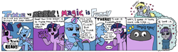 Size: 3978x1183 | Tagged: safe, artist:foxgirlkira, derpibooru import, derpy hooves, maud pie, trixie, twilight sparkle, twilight sparkle (alicorn), alicorn, pony, comic, female, heart, magic, mare, rock