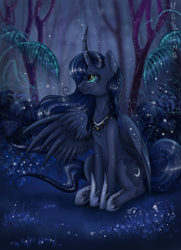 Size: 1447x2003 | Tagged: safe, artist:heather-west, princess luna, alicorn, pony, crying, curved horn, forest, night, sitting, solo, spread wings