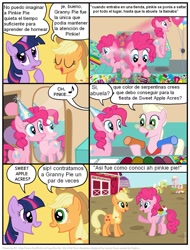 Size: 827x1089 | Tagged: safe, artist:frank1605, artist:kturtle, derpibooru import, applejack, granny smith, pinkie pie, twilight sparkle, earth pony, pony, unicorn, comic:the story of granny pie, comic, dialogue, eyes closed, granny pie, hat, looking at each other, mirror, music notes, party hat, raised hoof, smiling, spanish, translation