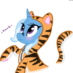 Size: 600x600 | Tagged: safe, artist:hudoyjnik, derpibooru import, trixie, big cat, pony, tiger, unicorn, blushing, catsuit, clothes, cosplay, costume, cute, female, mare, purple eyes, rawr, solo