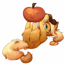 Size: 884x878 | Tagged: safe, artist:shineymagic, applejack, cat, apple, applecat, balancing, catified, cowboy hat, cute, female, food, hat, jackabetes, on back, open mouth, simple background, smiling, solo, species swap, stetson, white background