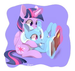 Size: 1700x1600 | Tagged: dead source, safe, artist:sion, derpibooru import, trixie, twilight sparkle, twilight sparkle (alicorn), alicorn, pony, book, female, glowing horn, head on lap, horn, lesbian, magic, mare, palindrome get, pony hat, reading, shipping, telekinesis, twixie