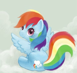 Size: 1000x950 | Tagged: safe, artist:naaaaar, rainbow dash, pegasus, pony, cloud, cloudy, cutie mark, female, filly, filly rainbow dash, foal, hooves, looking at you, looking back, looking back at you, mare, on a cloud, sitting, sitting on cloud, solo, spread wings, wings, younger