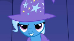 Size: 1280x720 | Tagged: safe, derpibooru import, trixie, pony, unicorn, female, looking at you, magic, mare, smiling, solo, trixie's hat, u mad