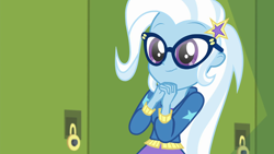 Size: 1920x1080 | Tagged: safe, derpibooru import, screencap, trixie, best trends forever, best trends forever: twilight sparkle, better together, equestria girls, cute, diatrixes, glasses, scrunchy face, solo