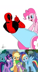 Size: 786x1479 | Tagged: safe, derpibooru import, applejack, pinkie pie, rainbow dash, spike, twilight sparkle, dragon, earth pony, pegasus, pony, deadpool, marvel, party cannon